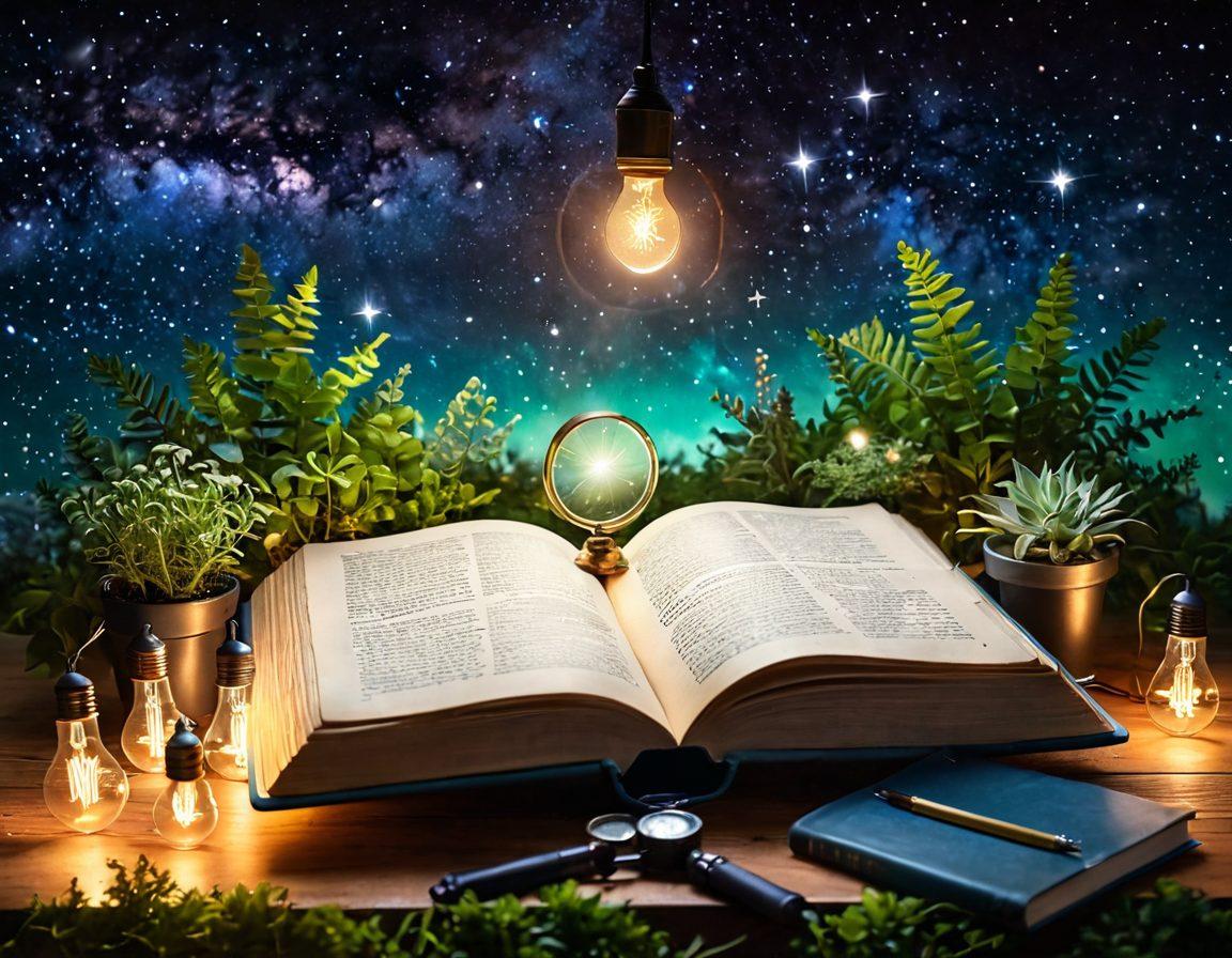 A serene, open book surrounded by glowing lightbulbs, symbolizing ideas and knowledge, with lush greenery in the background representing growth. Various tools like a magnifying glass, compass, and digital devices are scattered around, signifying exploration and self-discovery. A dreamy sky filled with stars and galaxies above, showcasing endless possibilities. whimsical illustration. vibrant colors. soft focus.