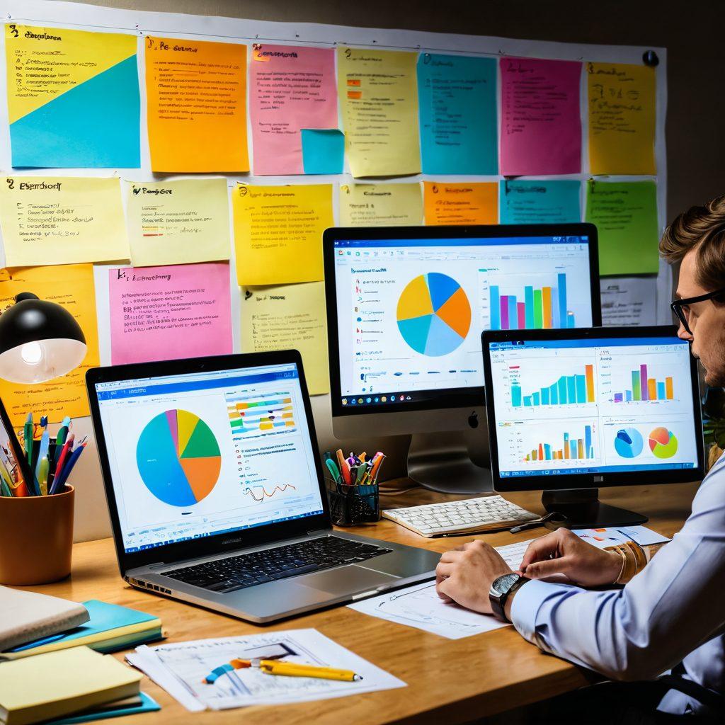 A person sitting at a modern desk, surrounded by charts and graphs on a computer screen, holding a magnifying glass to symbolize exploration. In the background, there are colorful post-it notes and books about self-discovery, progress, and data analysis. A light bulb above them represents ideas and insights shining through. The overall atmosphere is inspiring and informative. vibrant colors. super-realistic.