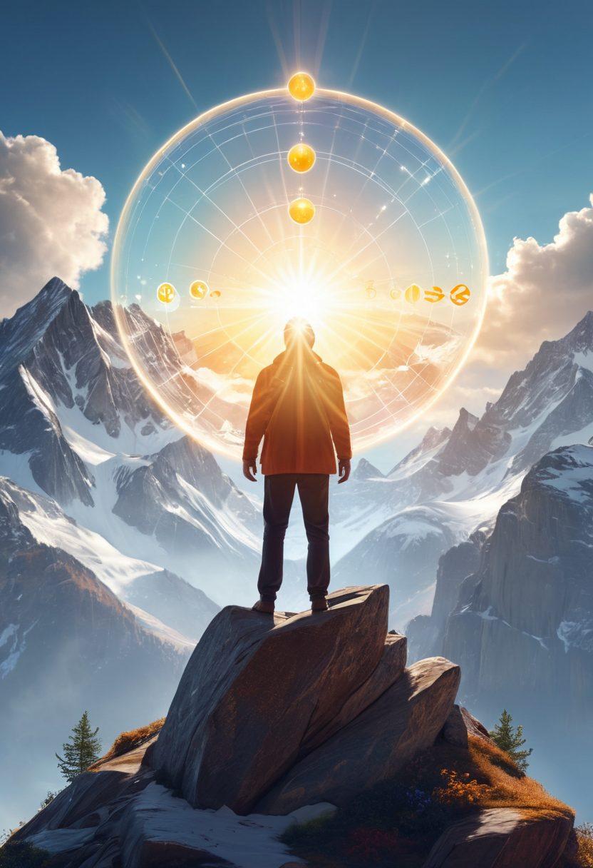 A powerful figure standing confidently on a mountain peak, holding a glowing orb representing knowledge and personal information. A diverse group of people below, looking inspired, surrounded by symbols of data like graphs and documents. The sky is bright and hopeful, with rays of sunlight illuminating the scene. Ethereal, uplifting atmosphere. super-realistic. vibrant colors. 3D.